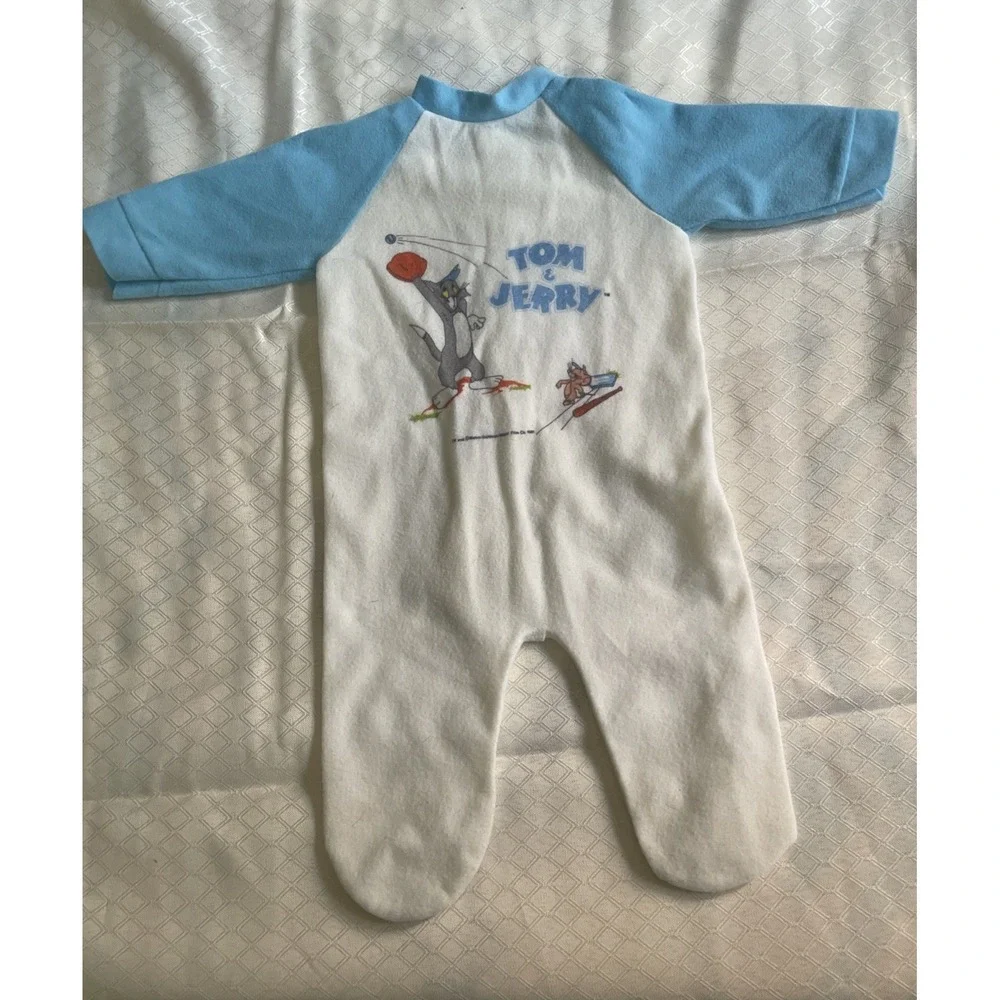 Vintage 1981 Tom & Jerry Baby Sleeper Baseball 0-3 Months ? Button Up Blue/White